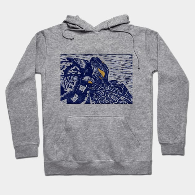 Pet Turtles Friends Linocut (blue/gold) Hoodie by lostnprocastinating